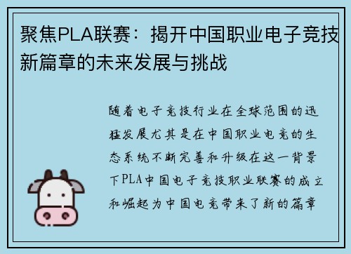 聚焦PLA联赛：揭开中国职业电子竞技新篇章的未来发展与挑战