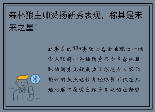 森林狼主帅赞扬新秀表现，称其是未来之星！