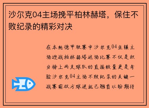 沙尔克04主场挽平柏林赫塔，保住不败纪录的精彩对决
